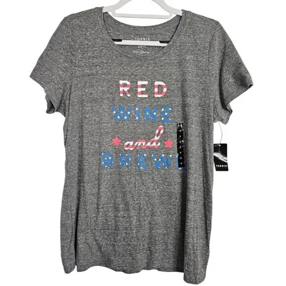 NWT TORRID T-Shirt Top GRAY size 0 L 12 Red Wine & Brews Flag Patriotic Fun Cute - Picture 1 of 6
